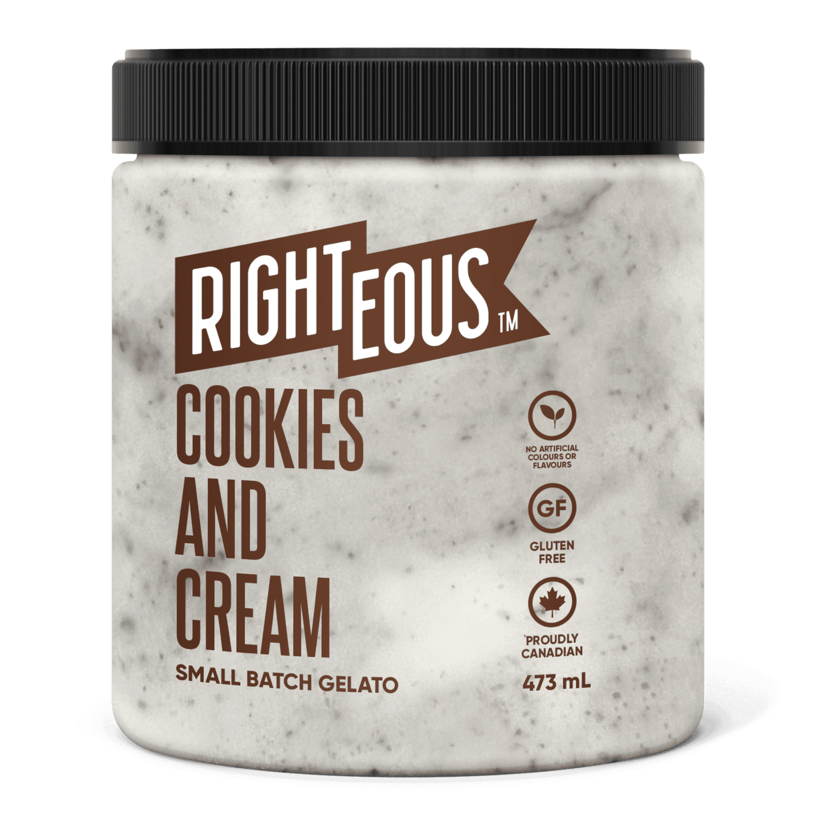 RT COOKIES & CREAM. RIGHTEOUS GELATO COOKIES & CREAM-Vanilla gelato with gluten free chocolate wafer cookies.