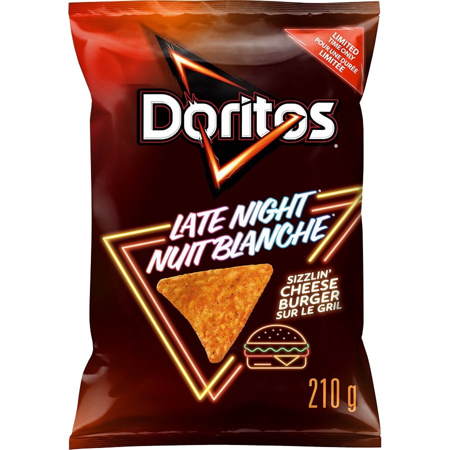 Doritos Late Night Sizzlin' Cheeseburger Flavoured Tortilla Chips. 210 g.